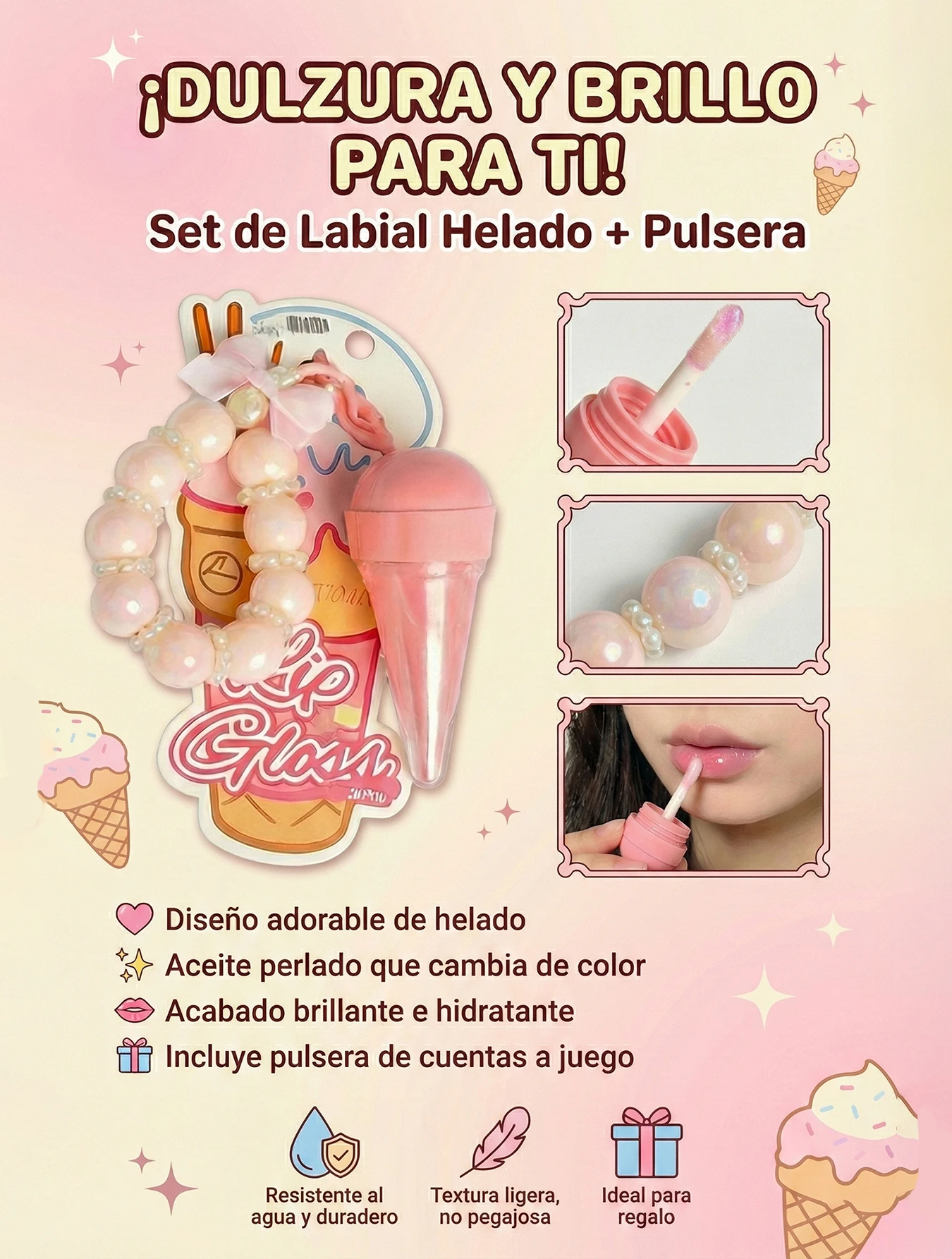 Brillo labial vegano tipo helado con efecto perlado cambiacolor Brillo labial vegano tipo helado con efecto perlado cambiacolor