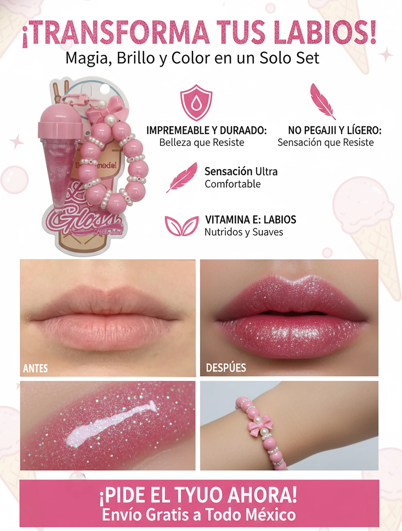 Brillo labial vegano tipo helado con efecto perlado cambiacolor Brillo labial vegano tipo helado con efecto perlado cambiacolor