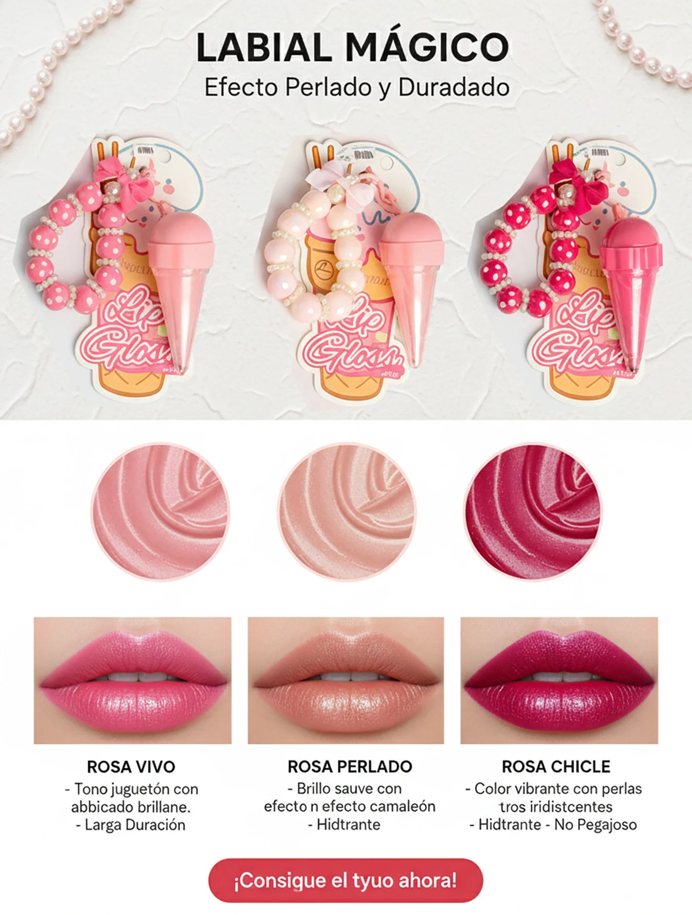 Brillo labial vegano tipo helado con efecto perlado cambiacolor Brillo labial vegano tipo helado con efecto perlado cambiacolor