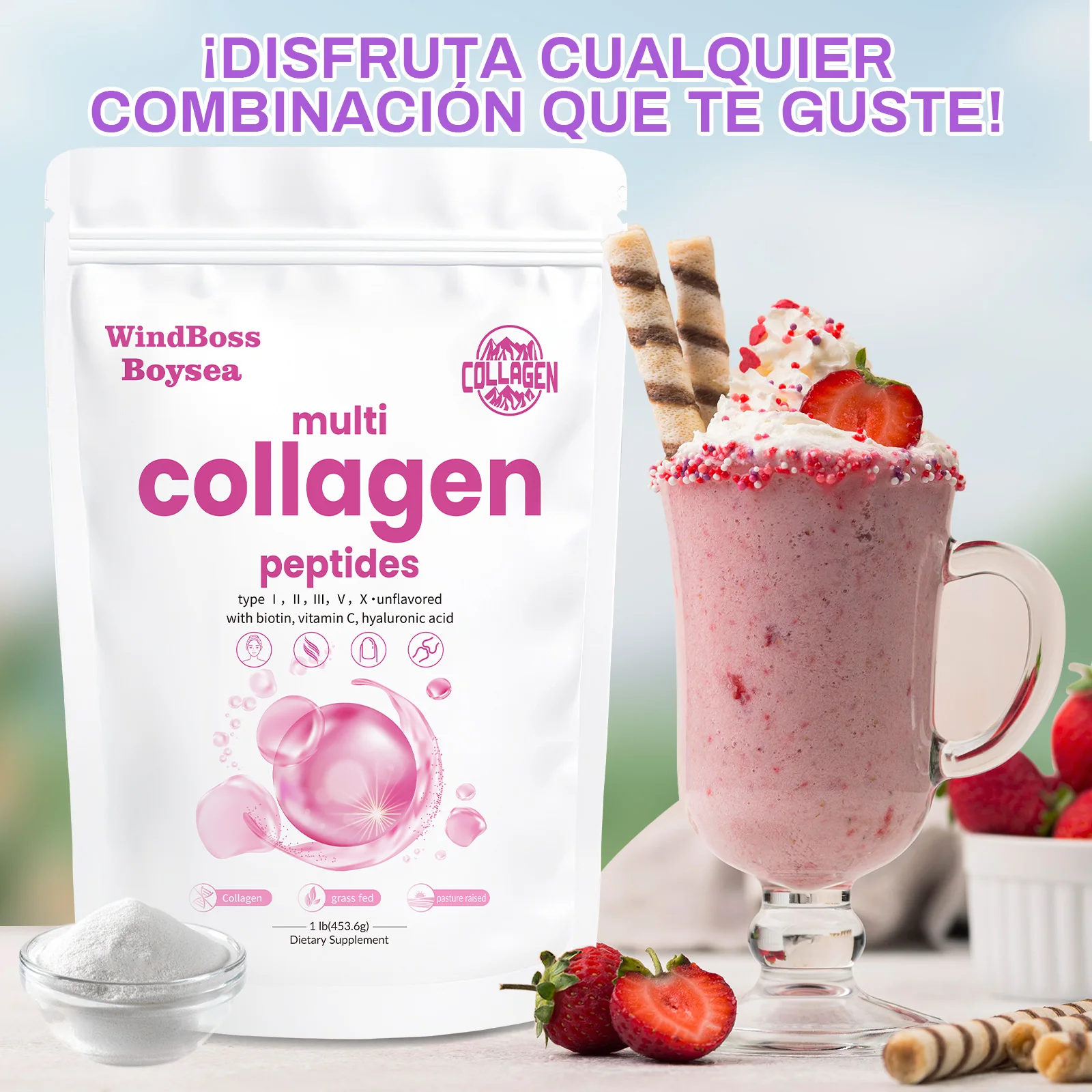 Polvo de Péptidos de Colágeno Hidrolizado Múltiple con Tipos I II III V X Biotina y Vitamina C Polvo de Péptidos de Colágeno Hidrolizado Múltiple con Tipos I II III V X Biotina y Vitamina C